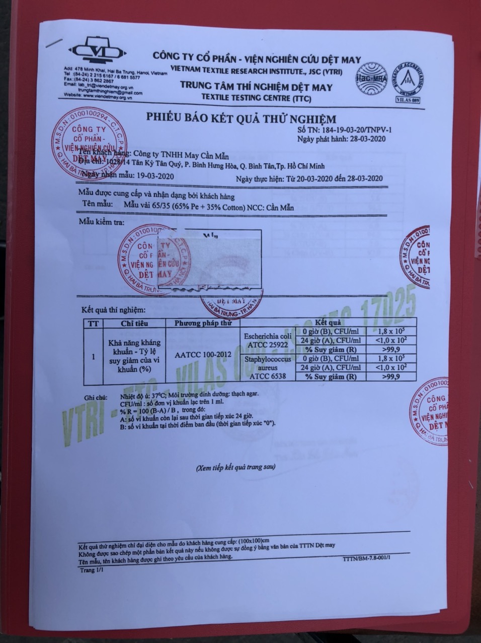 Chứng nhận - Khẩu Trang Vải Kháng Khuẩn - Công Ty TNHH May Cần Mẫn